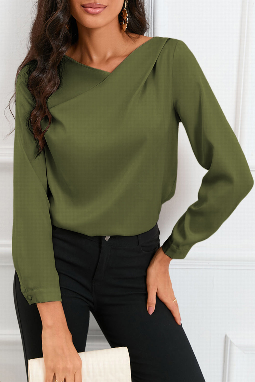 Asymmetric Neck Long Sleeve Satin Blouse