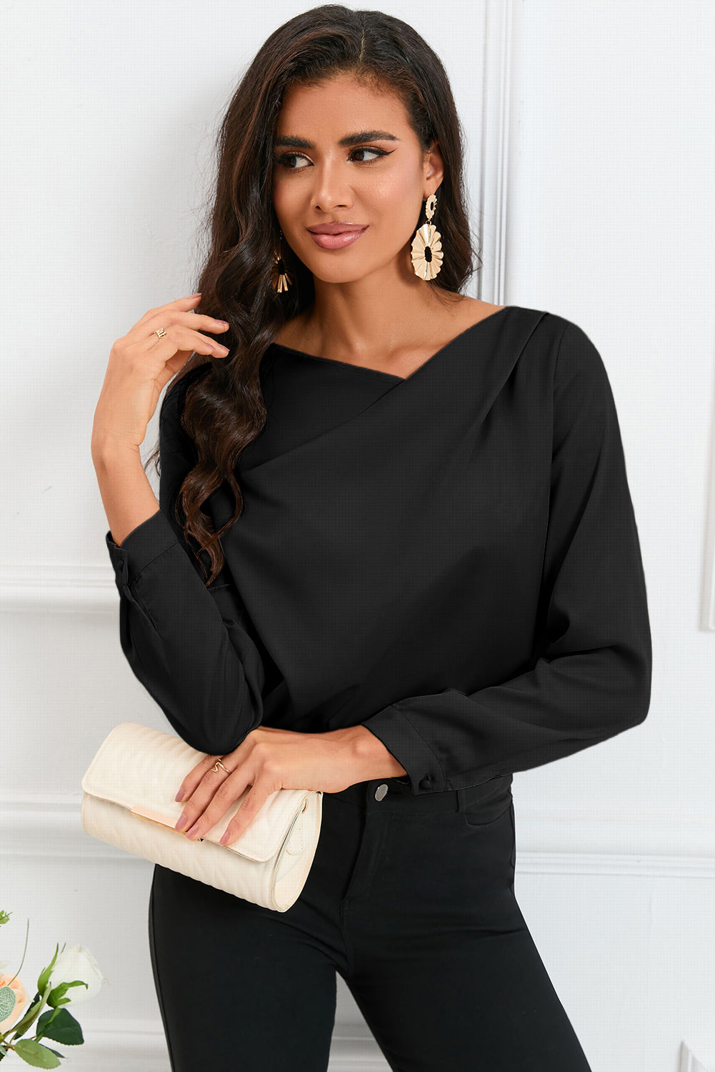 Asymmetric Neck Long Sleeve Satin Blouse