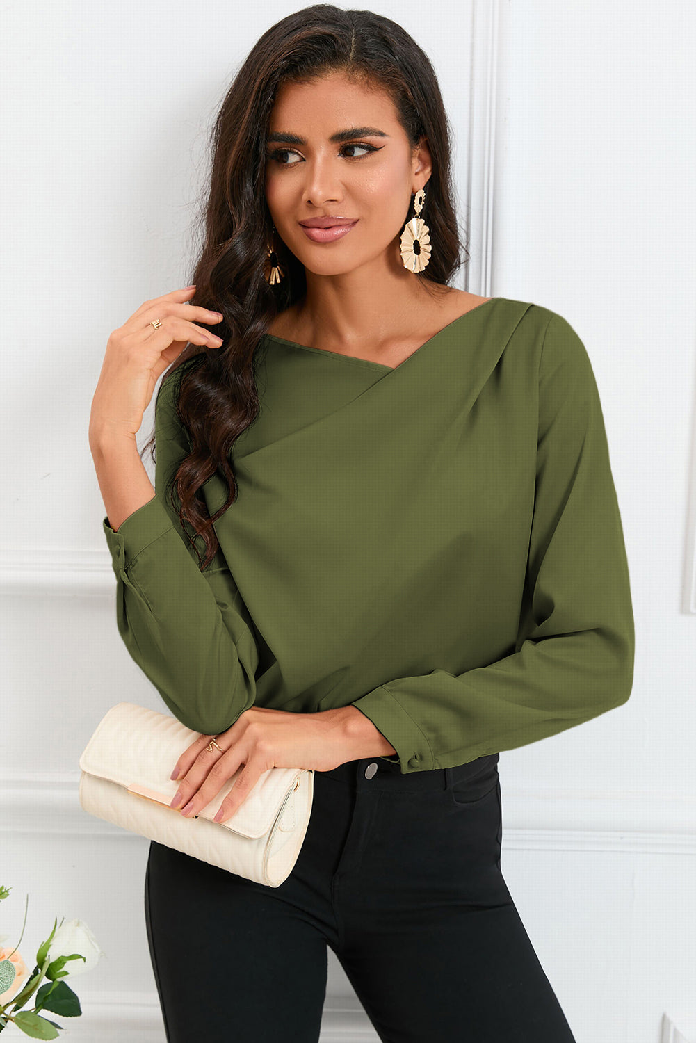 Asymmetric Neck Long Sleeve Satin Blouse